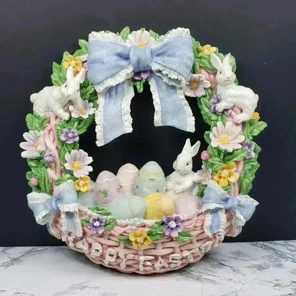 Vintage 1990’s Hand Painted 11” Resin HAPPY EASTER Wreath - Bunny Spring Flowers - Picture 1 of 10